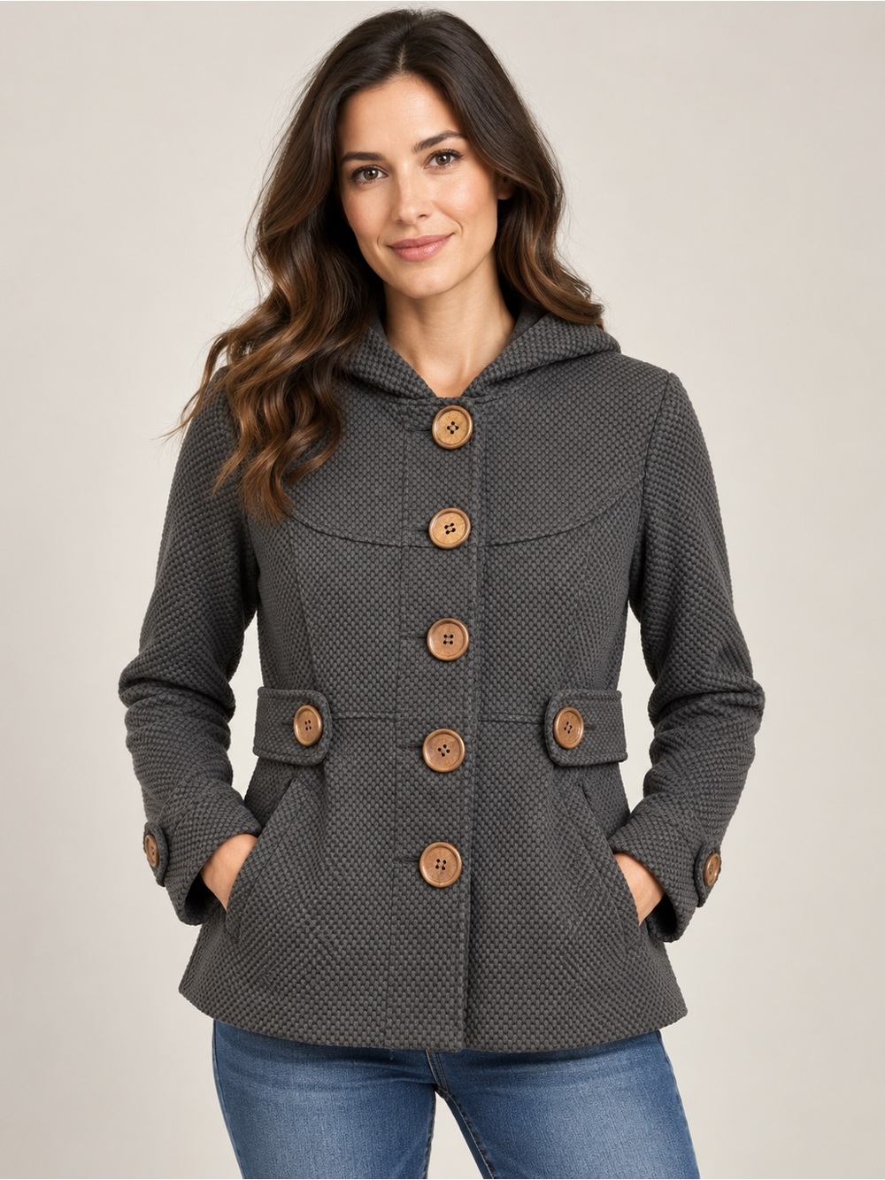 Sugarfly Women’s Medium Charcoal Gray Hooded Waffle Knit Peplum Jacket Y2K
